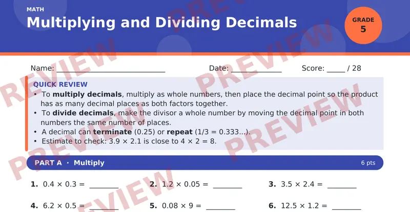 Page 1 preview of Multiplying and Dividing Decimals