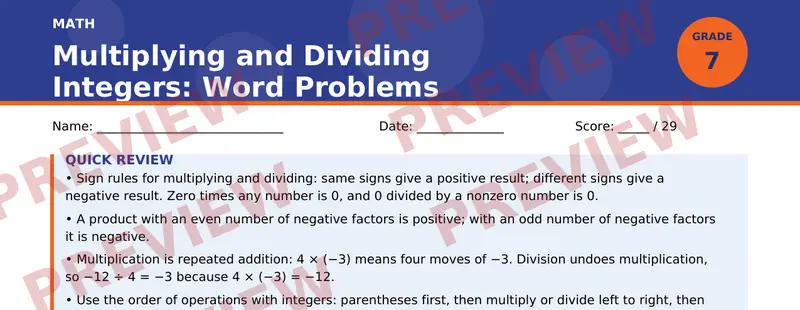 Partial preview of Multiplying and Dividing Integers: Word Problems (Grade 7)