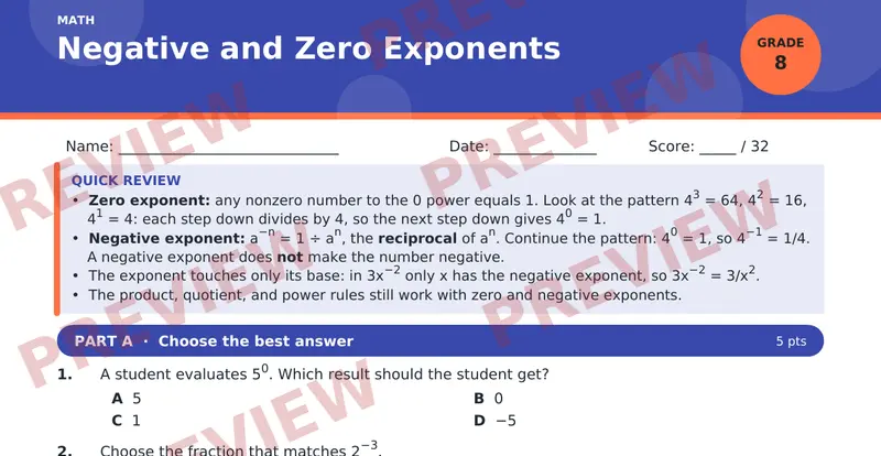 Page 1 preview of Negative and Zero Exponents