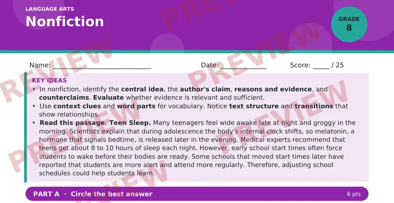 Page 1 preview of Nonfiction — Grade 8