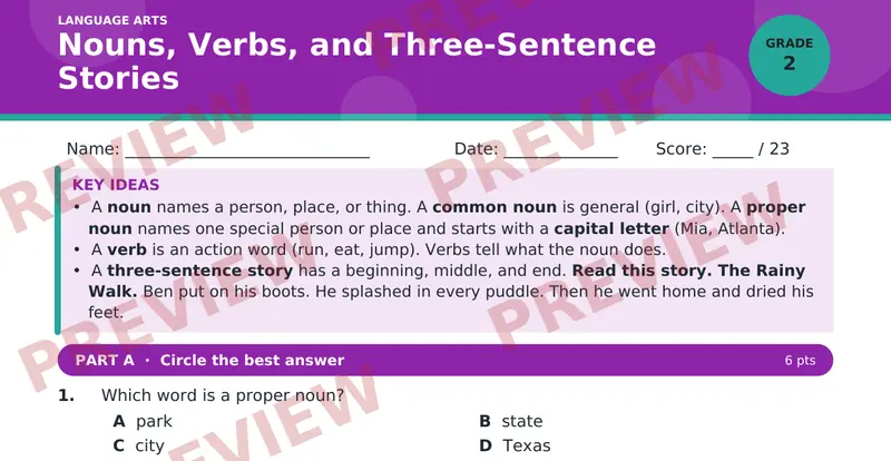 Page 1 preview of Nouns, Verbs, and Three-Sentence Stories