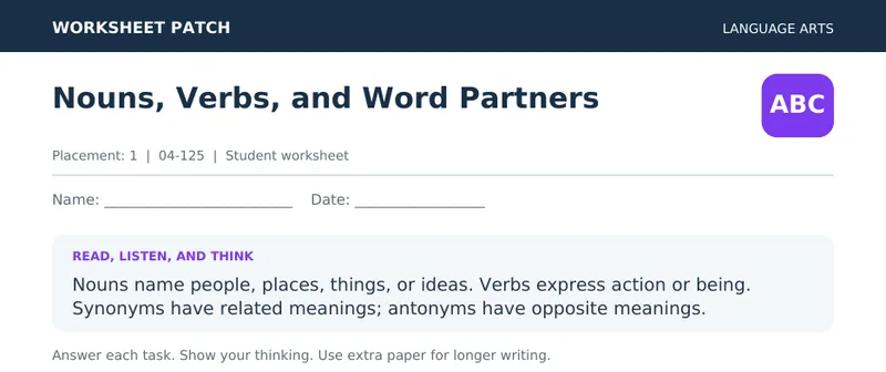 Page 1 preview of Nouns, Verbs, and Word Partners
