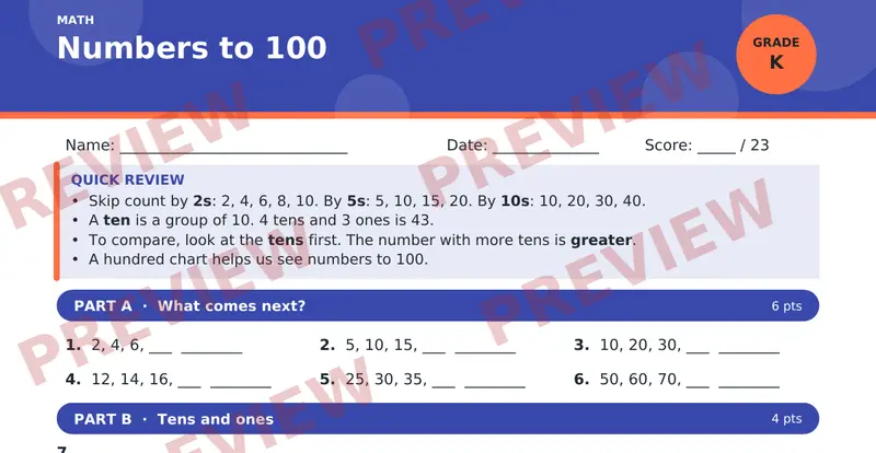 Page 1 preview of Numbers to 100