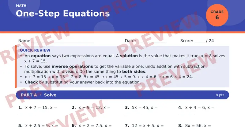 Page 1 preview of One-Step Equations