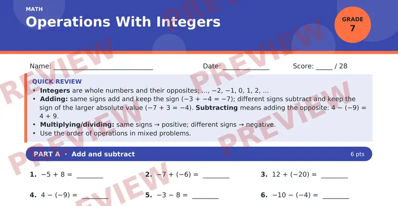 Page 1 preview of Operations With Integers