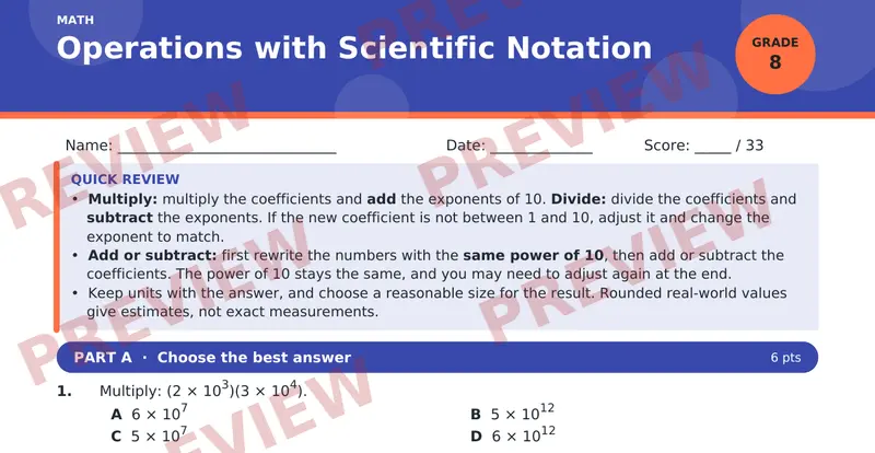 Page 1 preview of Operations with Scientific Notation