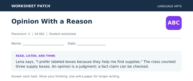 Page 1 preview of Opinion With a Reason — Grade 3