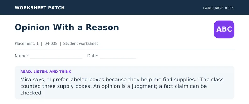 Page 1 preview of Opinion With a Reason — Grade 1