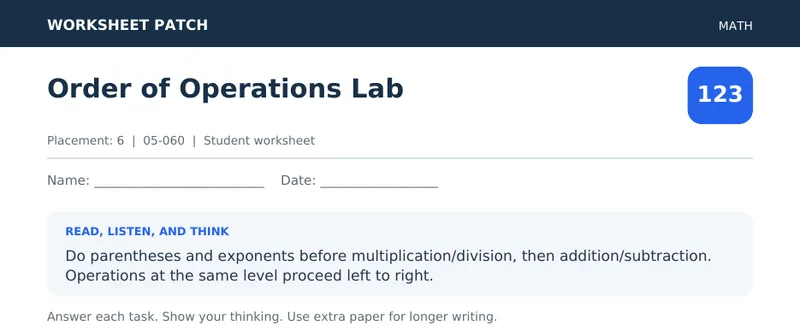 Page 1 preview of Order of Operations Lab