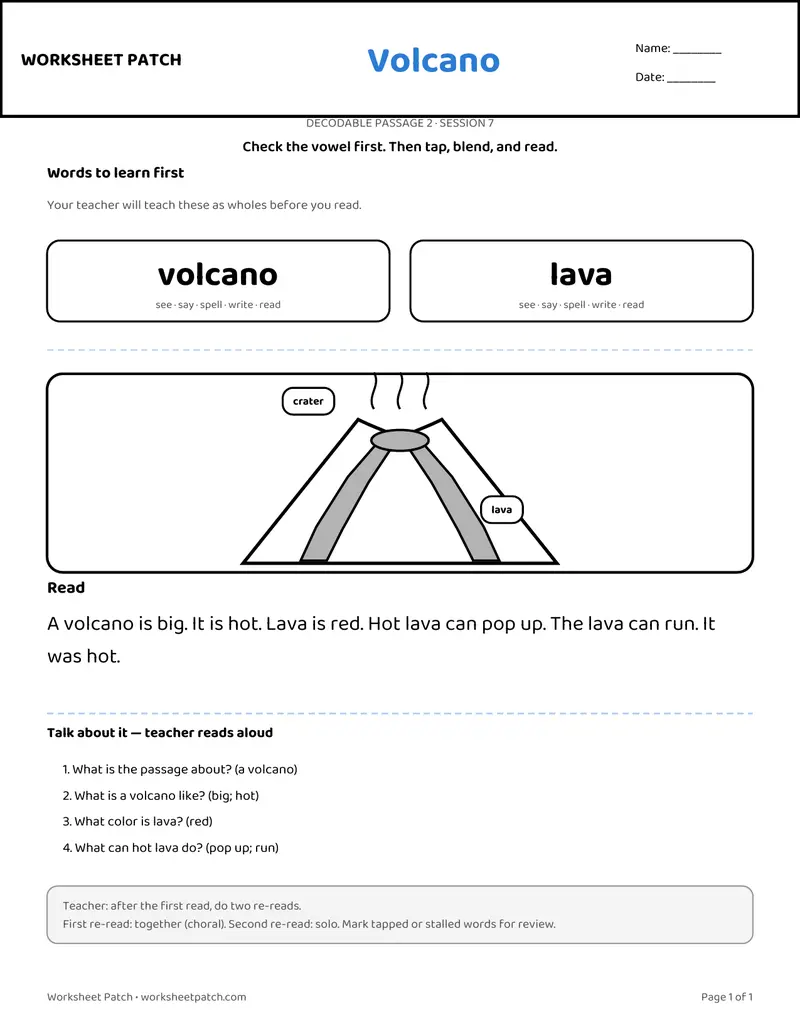Preview of the Volcano decodable passage
