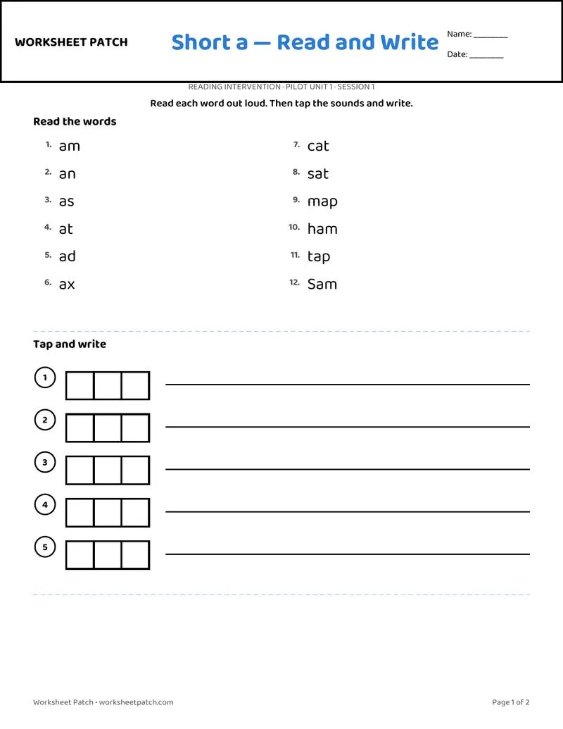 Student sheet preview, session 1