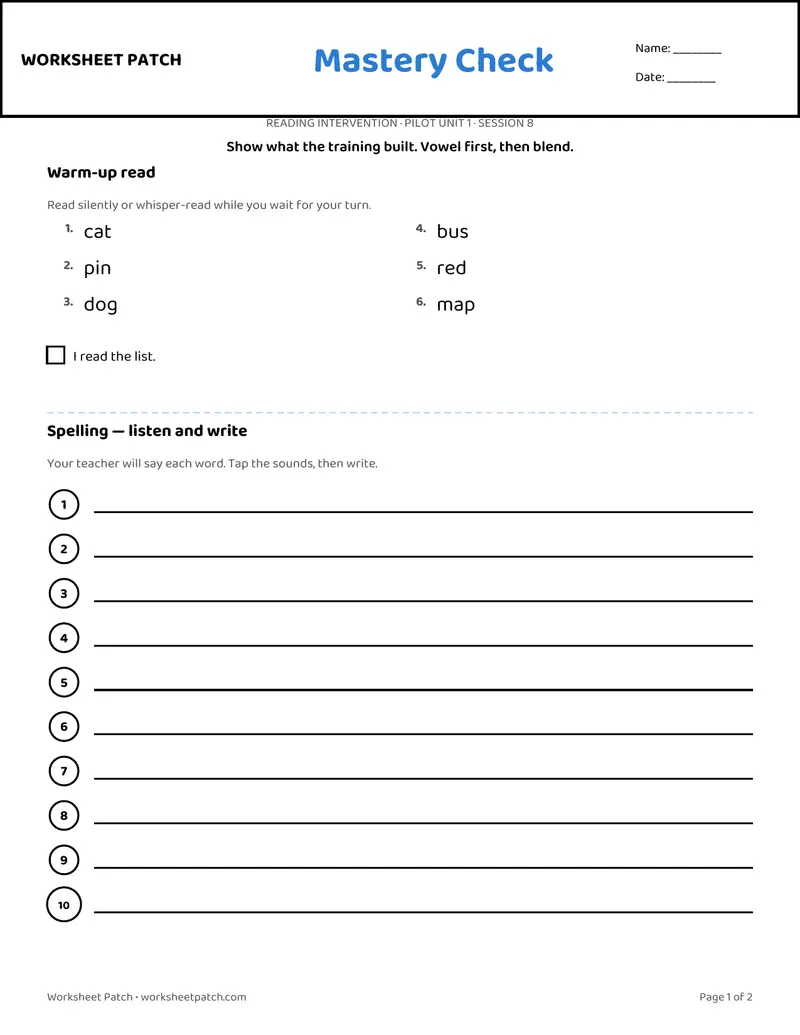 Student sheet preview, session 8