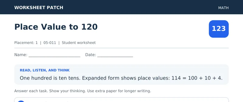 Page 1 preview of Place Value to 120
