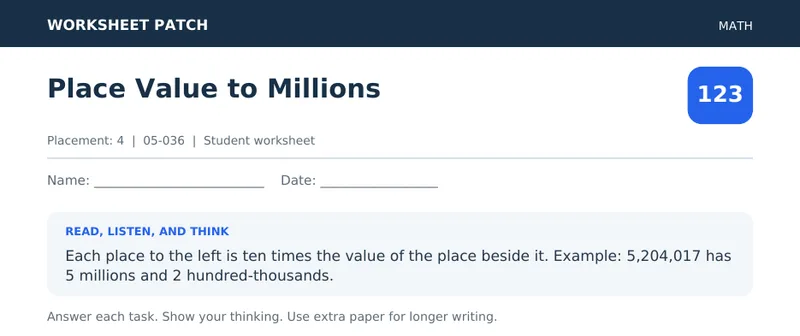 Page 1 preview of Place Value to Millions