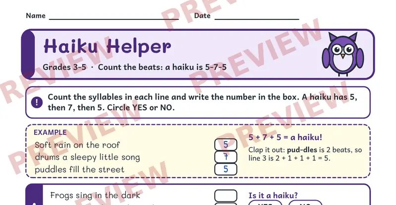 Page 1 preview of Plum Owl's Poetry Worksheets
