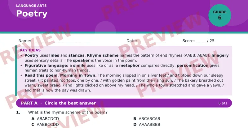Page 1 preview of Poetry — Grade 6