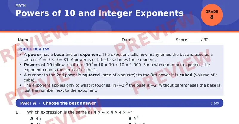 Page 1 preview of Powers of 10 and Integer Exponents