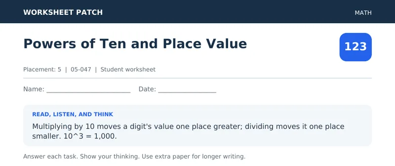 Page 1 preview of Powers of Ten and Place Value