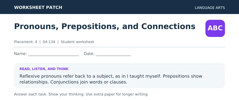 Page 1 preview of Pronouns, Prepositions, and Connections