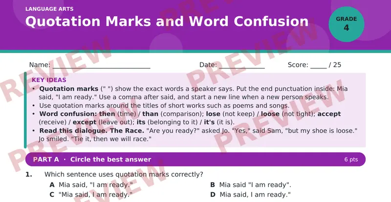 Page 1 preview of Quotation Marks and Word Confusion