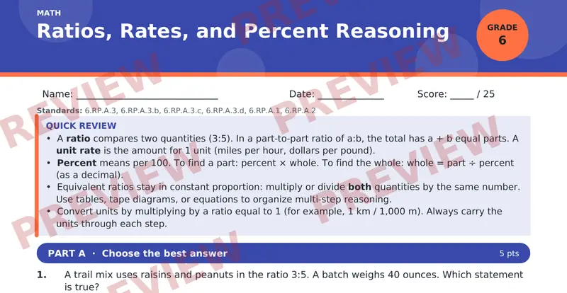 Page 1 preview of Ratios, Rates, and Percent Reasoning