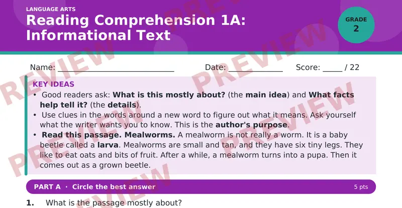 Page 1 preview of Reading Comprehension 1A: Informational Text — Grade 2
