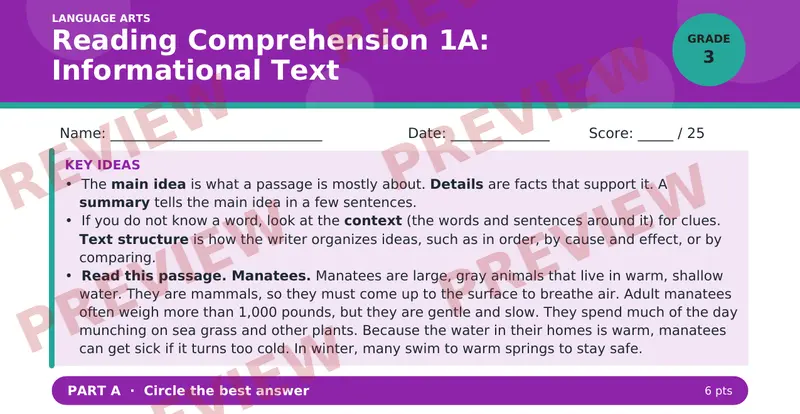 Page 1 preview of Reading Comprehension 1A: Informational Text — Grade 3
