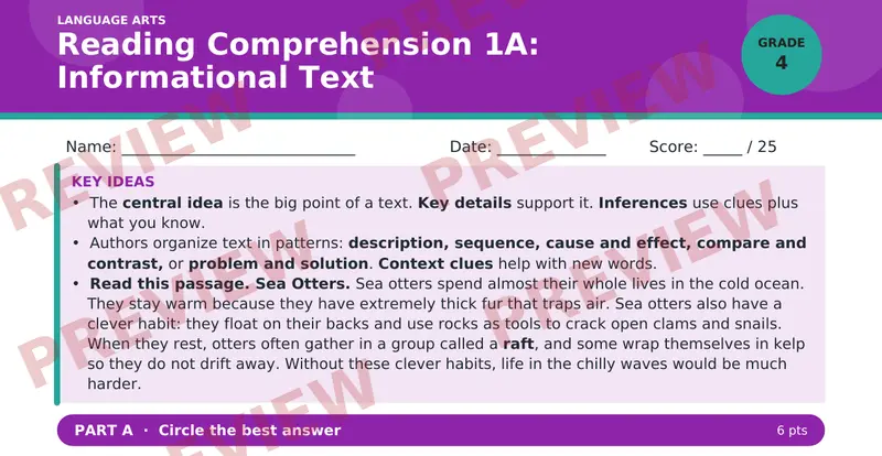 Page 1 preview of Reading Comprehension 1A: Informational Text — Grade 4