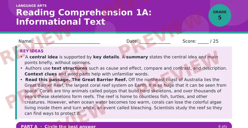 Page 1 preview of Reading Comprehension 1A: Informational Text — Grade 5