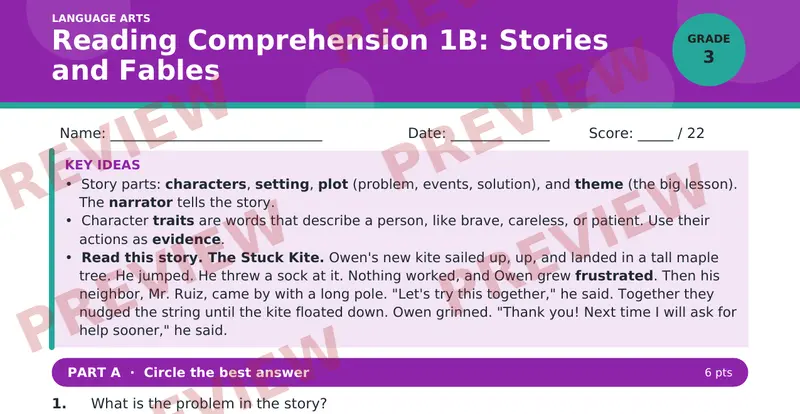 Page 1 preview of Reading Comprehension 1B: Stories and Fables — Grade 3