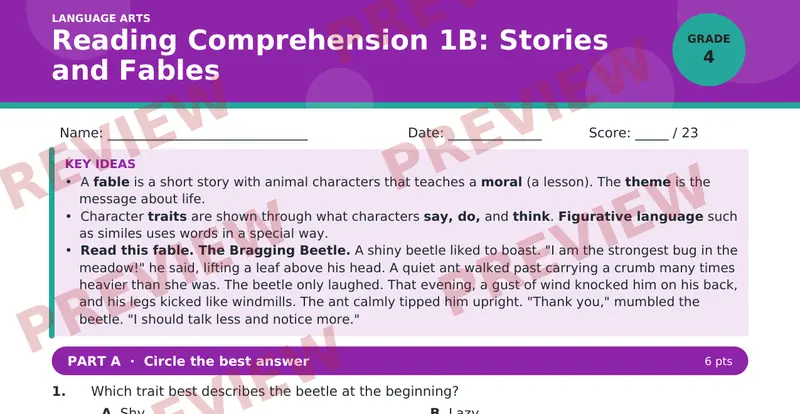 Page 1 preview of Reading Comprehension 1B: Stories and Fables — Grade 4