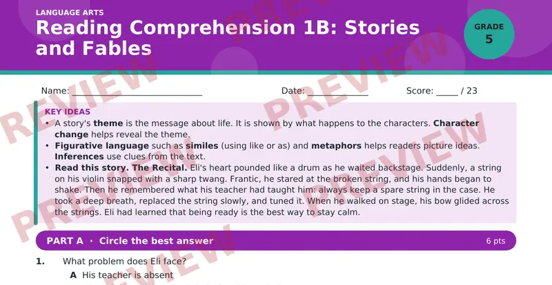 Page 1 preview of Reading Comprehension 1B: Stories and Fables — Grade 5