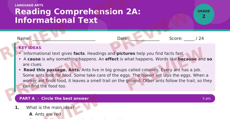 Page 1 preview of Reading Comprehension 2A: Informational Text — Grade 2