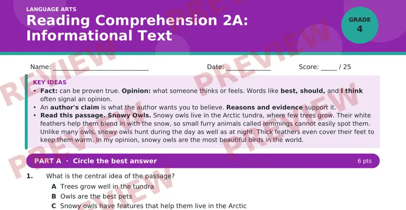 Page 1 preview of Reading Comprehension 2A: Informational Text — Grade 4