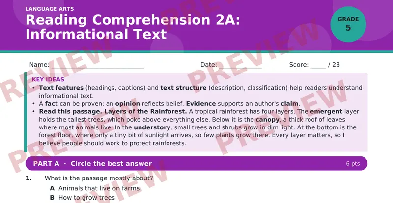 Page 1 preview of Reading Comprehension 2A: Informational Text — Grade 5