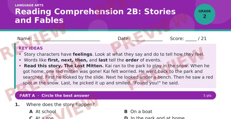 Page 1 preview of Reading Comprehension 2B: Stories and Fables — Grade 2