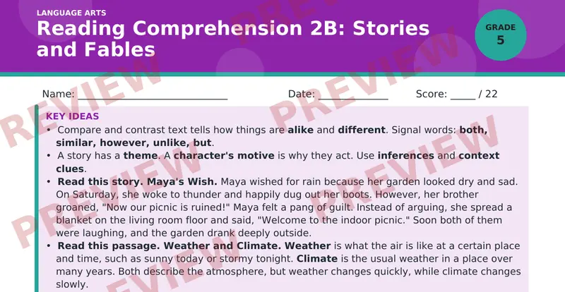 Page 1 preview of Reading Comprehension 2B: Stories and Fables — Grade 5