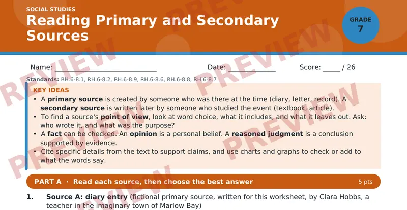 Page 1 preview of Reading Primary and Secondary Sources