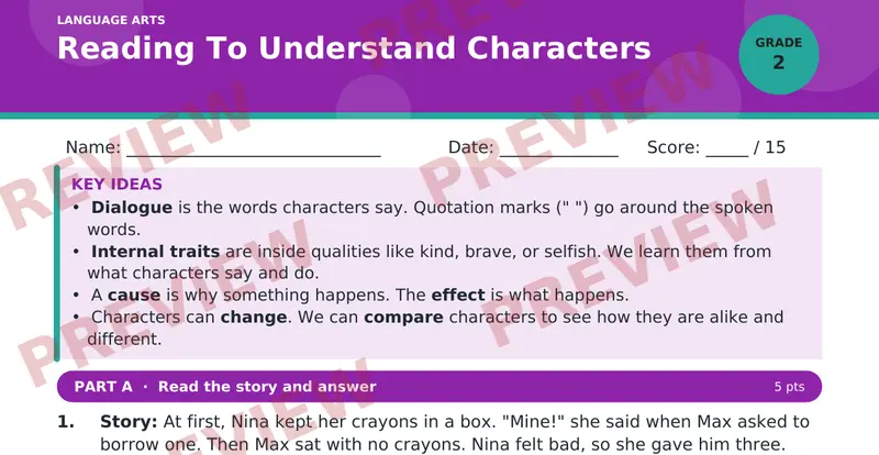 Page 1 preview of Reading To Understand Characters