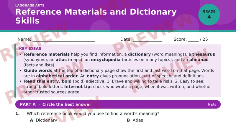 Page 1 preview of Reference Materials and Dictionary Skills