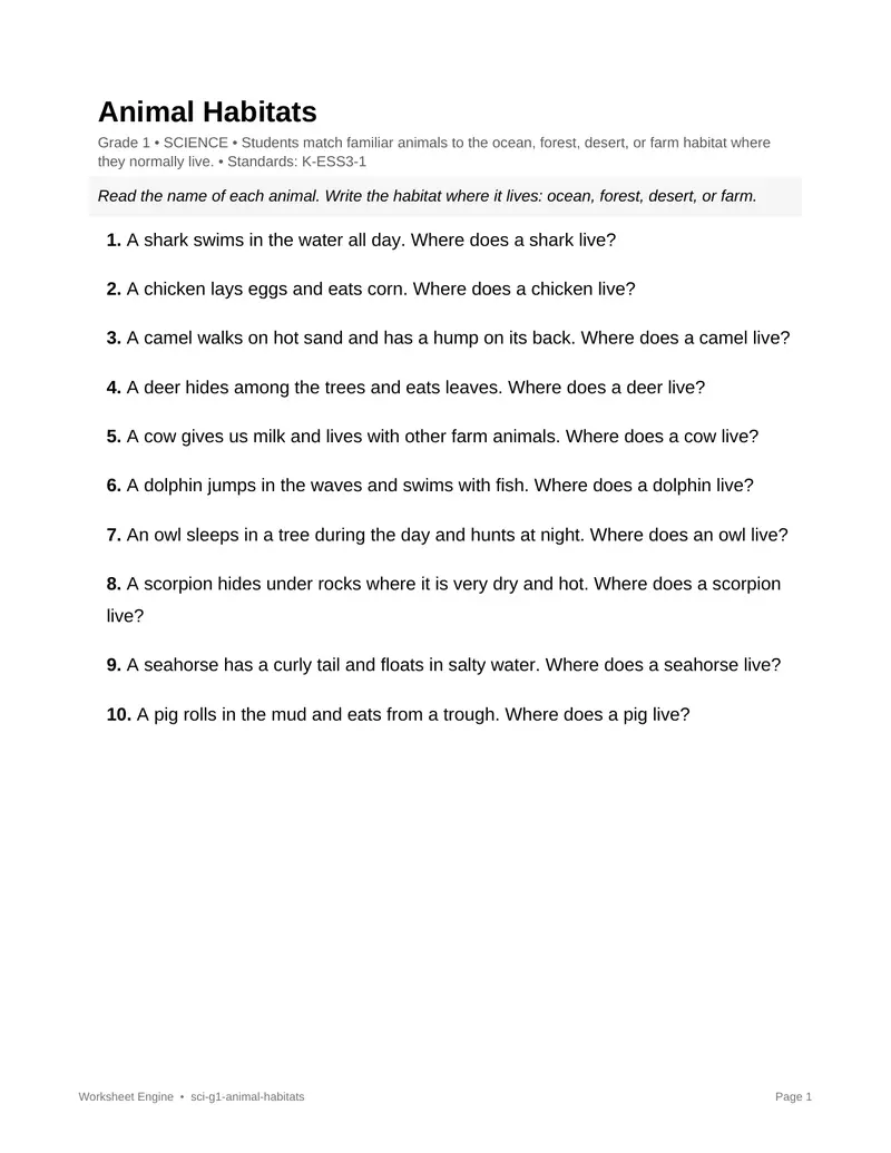 Page 1 preview of Animal Habitats