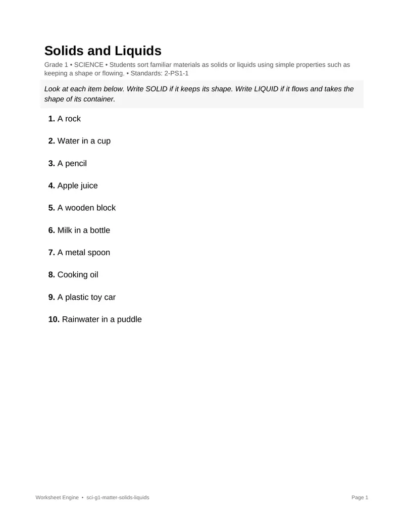 Page 1 preview of Solids and Liquids