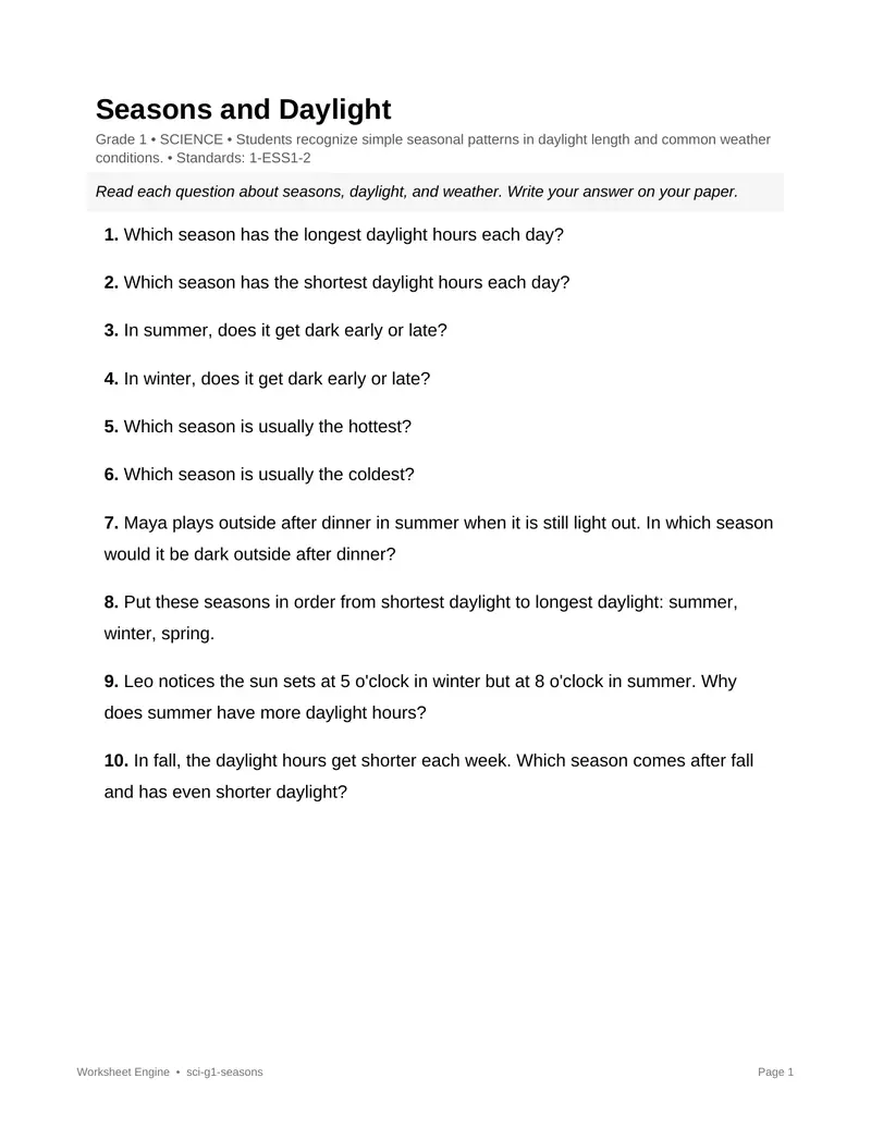Page 1 preview of Seasons and Daylight