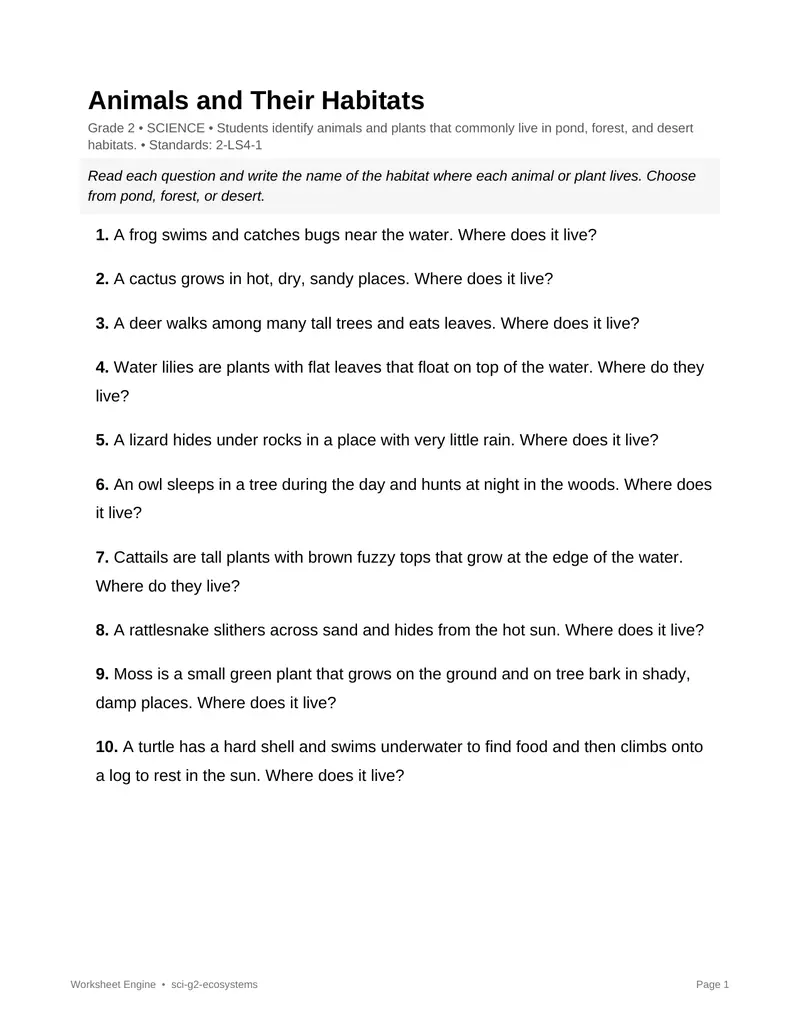 Page 1 preview of Animals and Their Habitats
