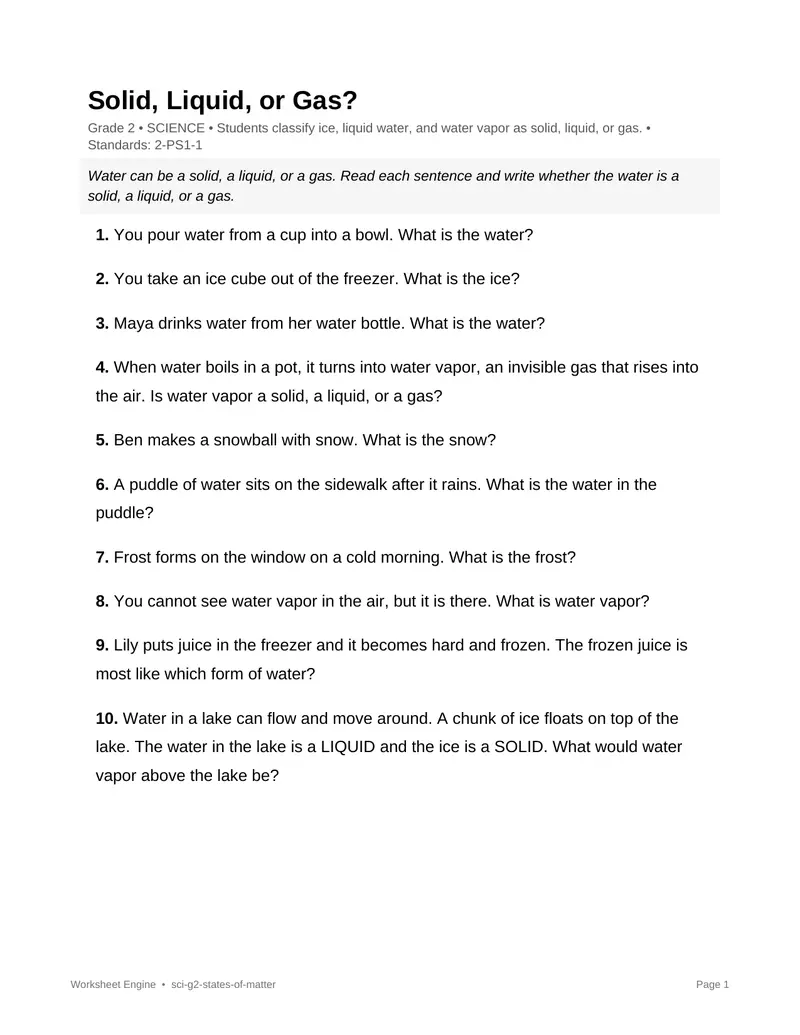 Page 1 preview of Solid, Liquid, or Gas?