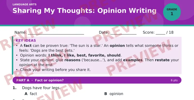 Page 1 preview of Sharing My Thoughts: Opinion Writing