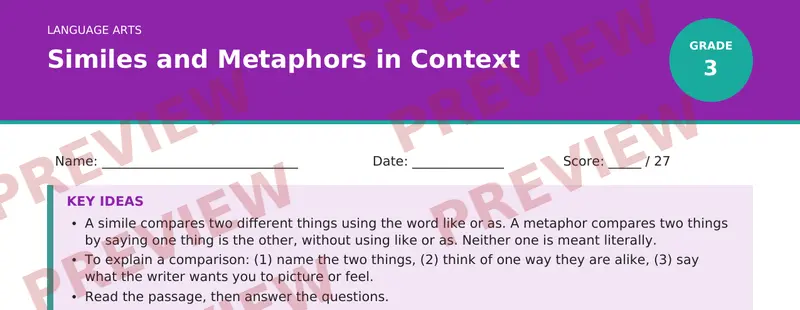Partial preview of Similes and Metaphors in Context (Grade 3)