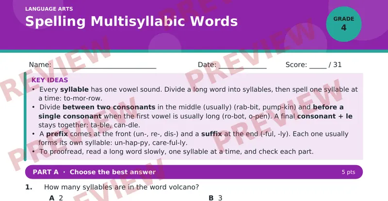 Page 1 preview of Spelling Multisyllabic Words