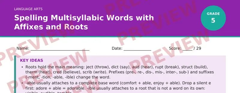 Partial preview of Spelling Multisyllabic Words with Affixes and Roots (Grade 5)