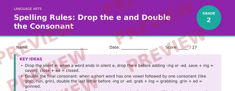 Partial preview of Spelling Rules: Drop the e and Double the Consonant (Grade 2)